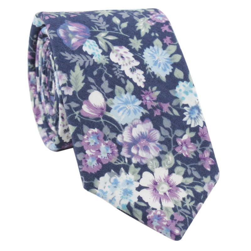 Secdtie Men's Cotton Blue Purple Floral Wedding Novelty Tie Printed Flower 2.4'' Skinny Narrow Neckties - Image 1